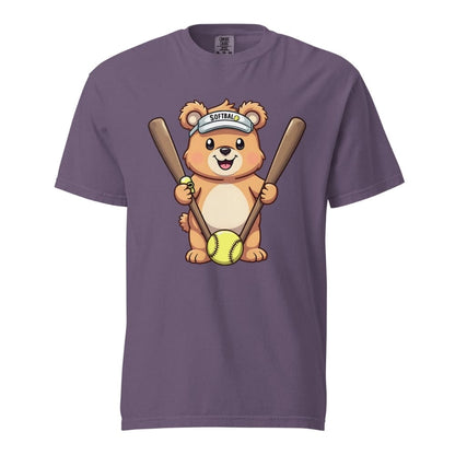 Cartoon bear holding softball bats and ball wearing a visor labeled “Softball” – printed on garment-dyed heavyweight t-shirt for sporty moms