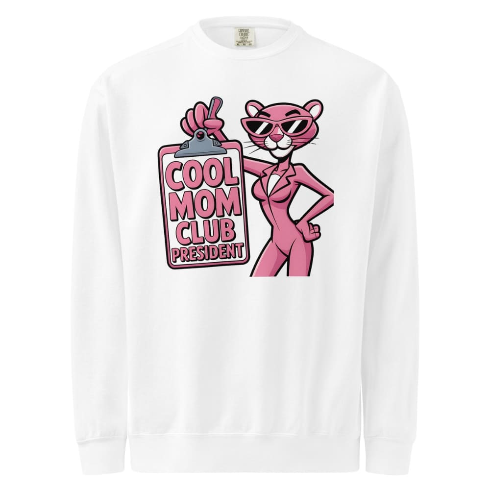 White long-sleeve shirt with a pink panther graphic and 'Cool Mom Club President' text on a white background
