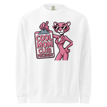 White long-sleeve shirt with a pink panther graphic and 'Cool Mom Club President' text on a white background