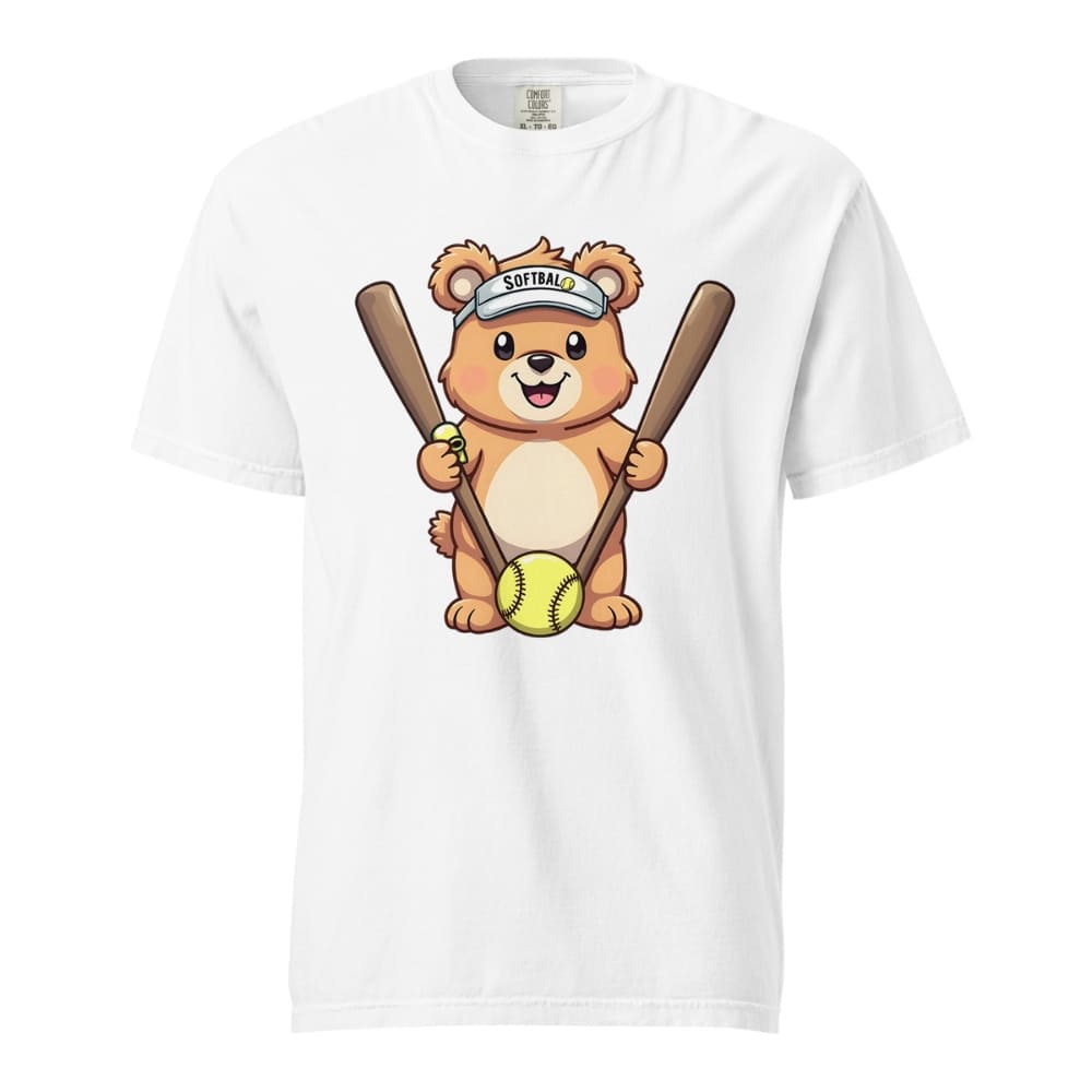 Cartoon bear holding softball bats and ball wearing a visor labeled “Softball” – printed on garment-dyed heavyweight t-shirt for sporty moms