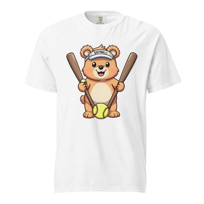 Cartoon bear holding softball bats and ball wearing a visor labeled “Softball” – printed on garment-dyed heavyweight t-shirt for sporty moms