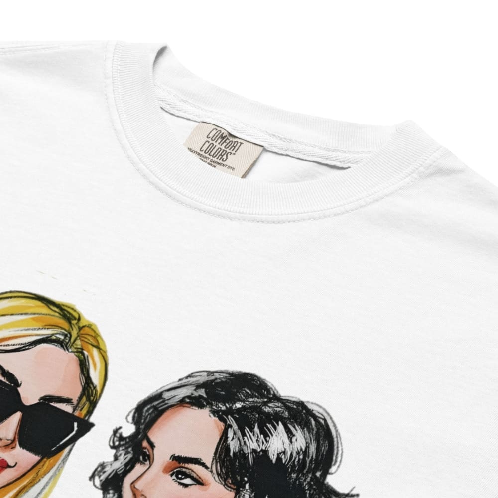 White t-shirt with illustrations of two women's faces and 'Comfort Colors' label.