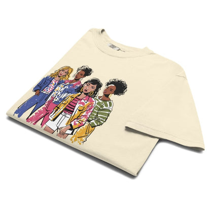 Beige t-shirt with colorful graphic of four women on a white background