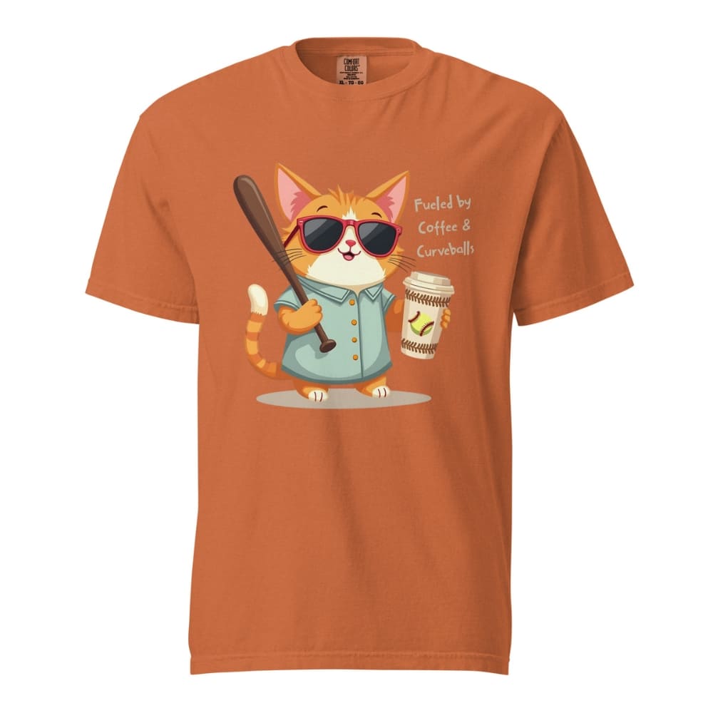 Cool cat with sunglasses holding a softball bat and coffee cup, beside text “Fueled by Coffee & Curveballs” – printed on soft heavyweight t-shirt for sporty moms