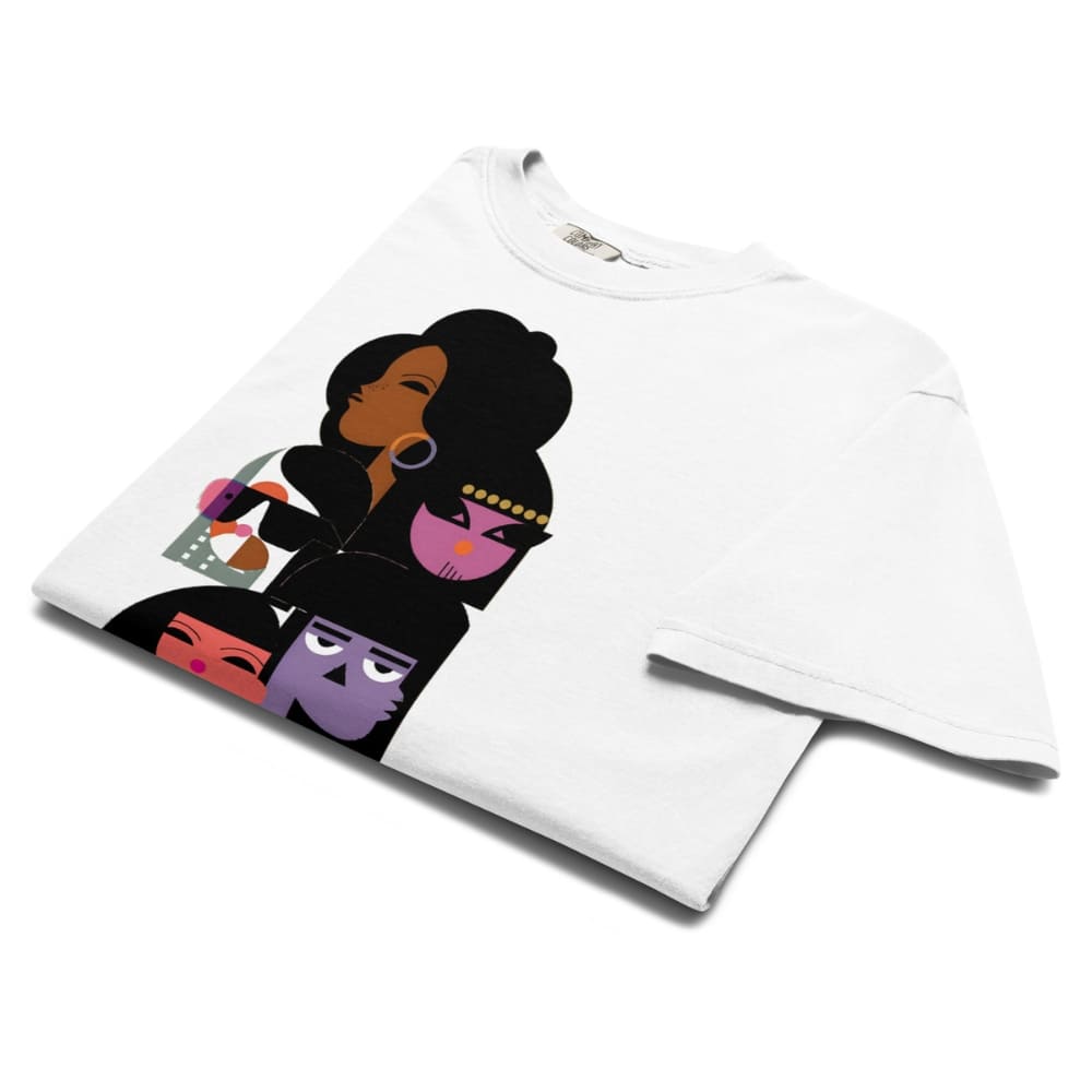 White t-shirt with a graphic design of four stylized faces on a white background