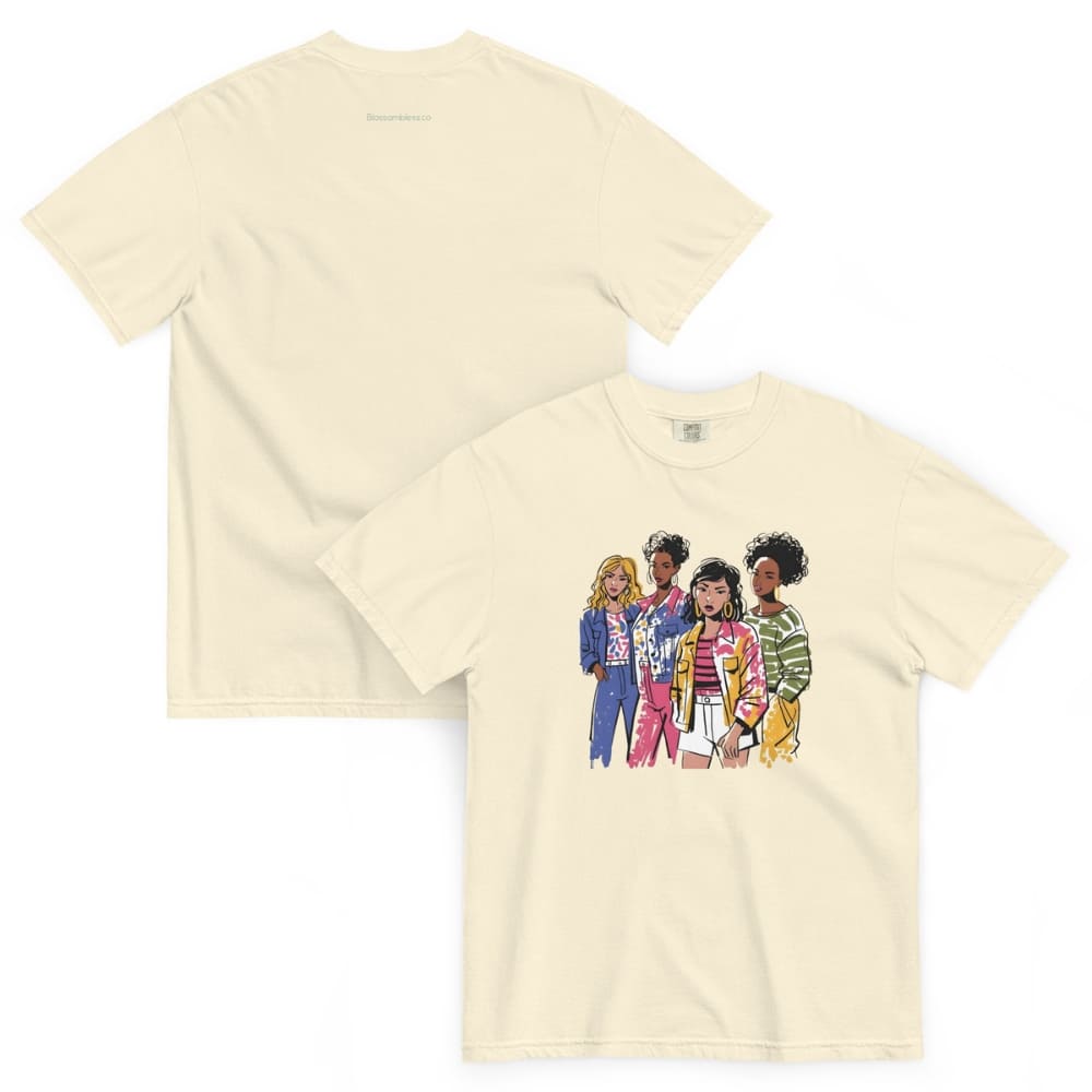Beige t-shirt with a graphic of four people on a white background