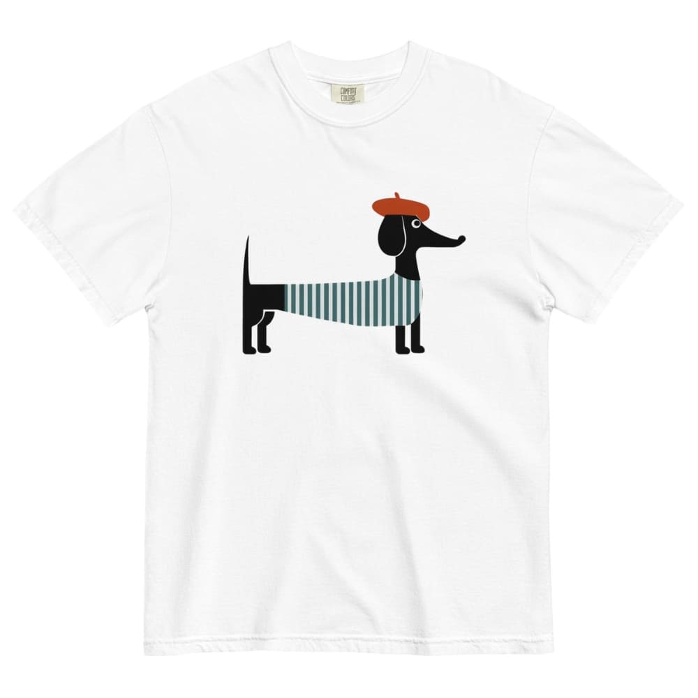 White t-shirt with a dachshund graphic wearing a beret and striped scarf on a white background
