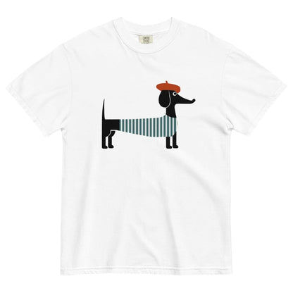 White t-shirt with a dachshund graphic wearing a beret and striped scarf on a white background