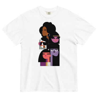 White t-shirt with graphic design of three stylized women on a white background