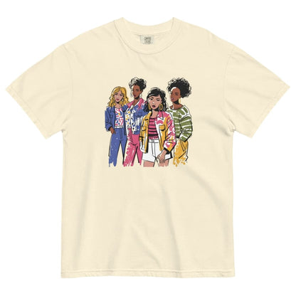 Beige t-shirt with colorful illustration of four women on a white background