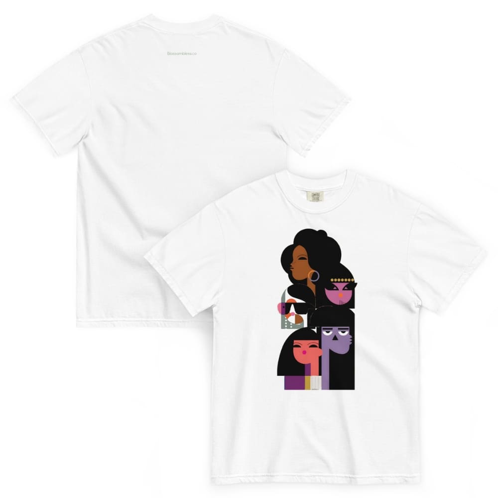 White t-shirt with a colorful graphic of a woman on a white background