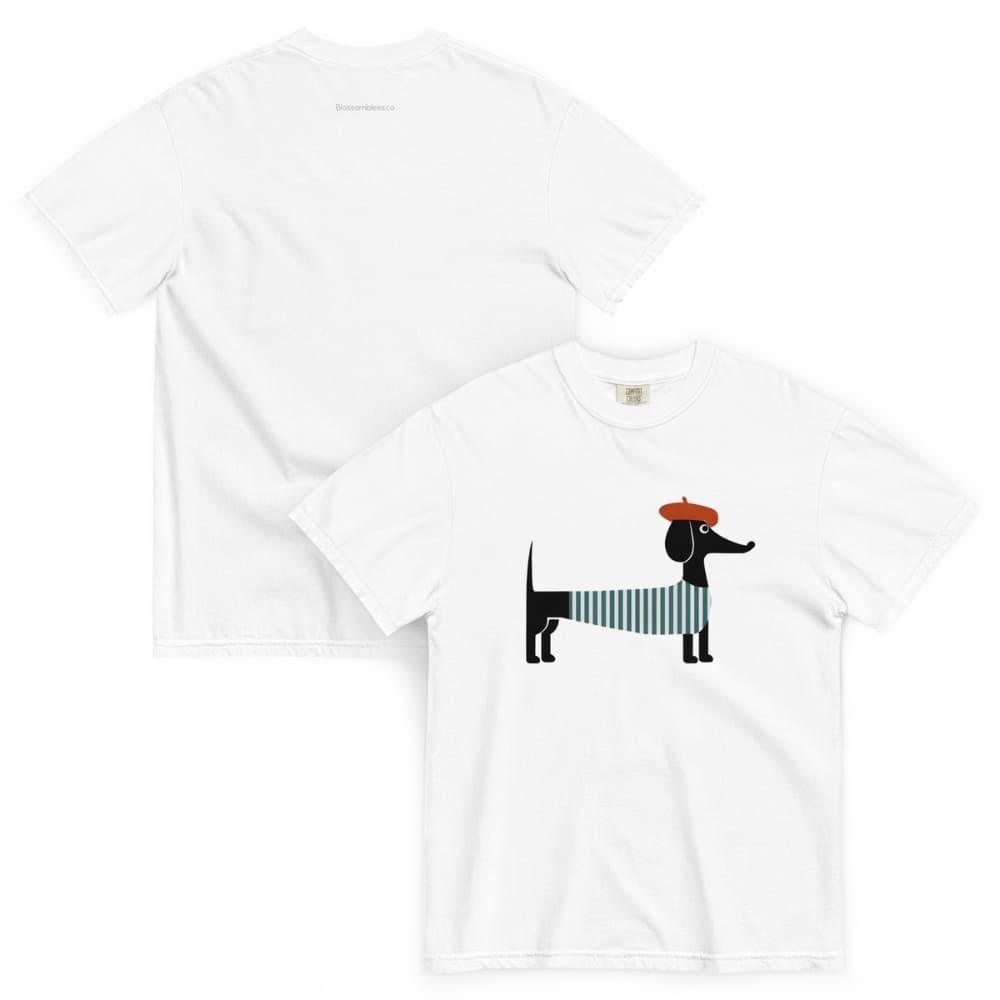White t-shirt with a dog design on a white background