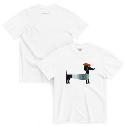 White t-shirt with a dog design on a white background