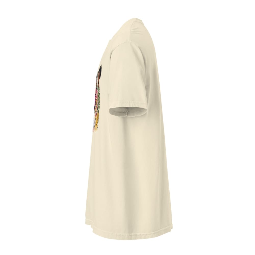 Beige t-shirt with a small graphic on the sleeve against a white background