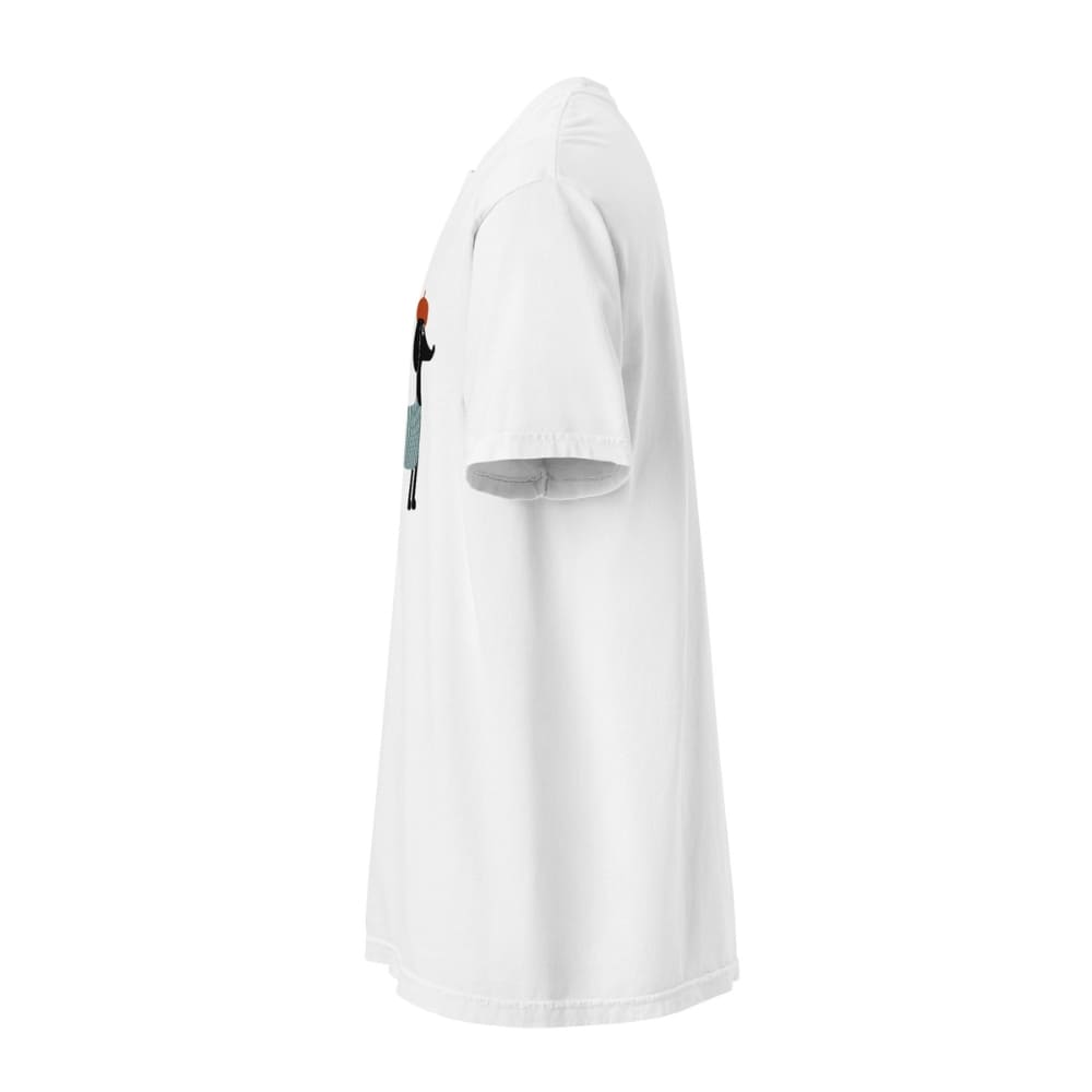 White t-shirt with a small design on the sleeve against a white background