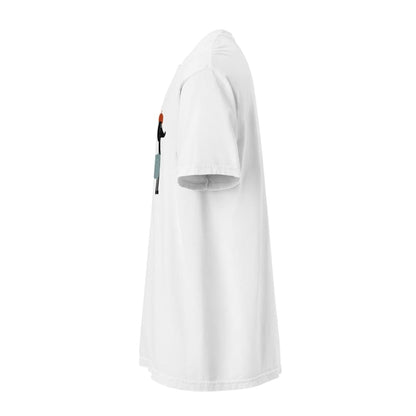 White t-shirt with a small design on the sleeve against a white background