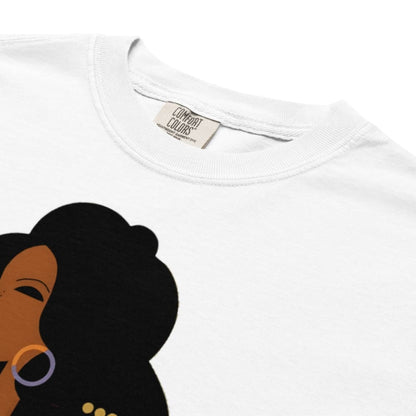 White t-shirt with a graphic of a woman with an afro and hoop earring, featuring Comfort Colors label.