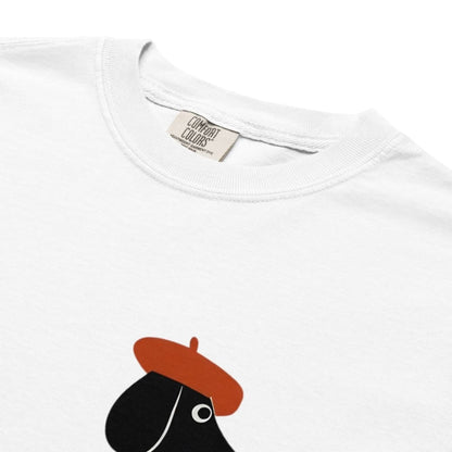 White t-shirt with a graphic of a rooster wearing a beret and Comfort Colors label.
