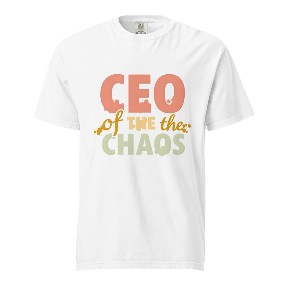CEO of the Chaos” printed on a heavyweight cotton t-shirt in soft pastel ink, laid flat with a minimal lifestyle background.