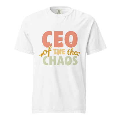 CEO of the Chaos” printed on a heavyweight cotton t-shirt in soft pastel ink, laid flat with a minimal lifestyle background.