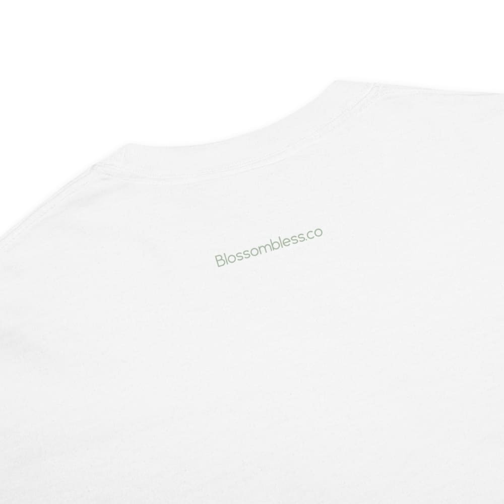 White t-shirt with 'Blossomblessco' branding on a white background