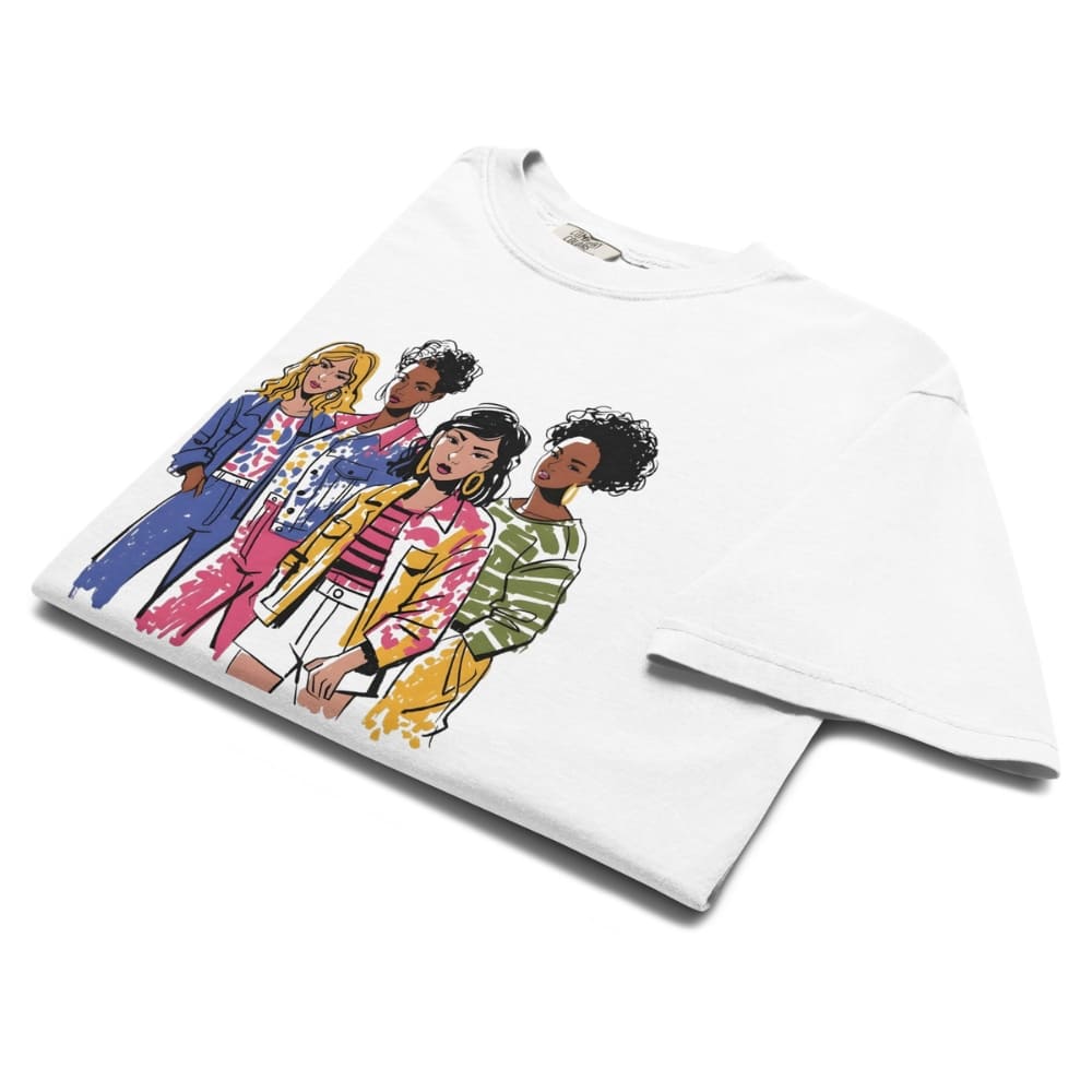 White t-shirt with colorful graphic of four women on a white background