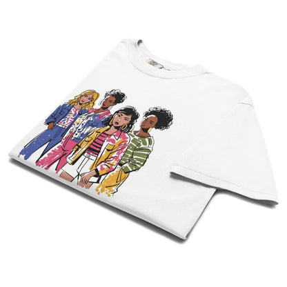 White t-shirt with colorful graphic of four women on a white background