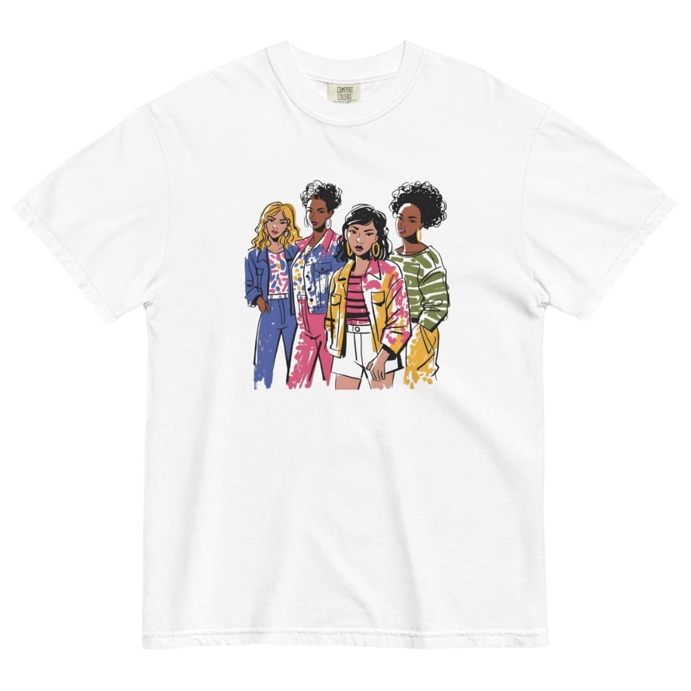 White t-shirt with colorful graphic of four women on a white background