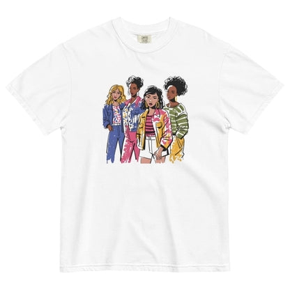 White t-shirt with colorful graphic of four women on a white background