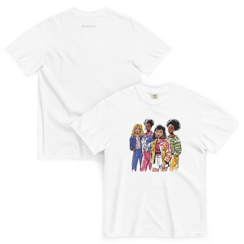 White t-shirt with cartoon characters on a white background