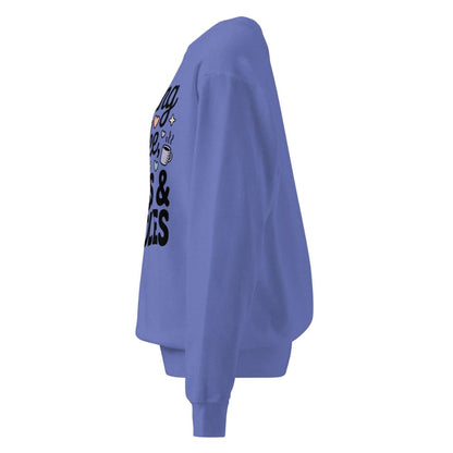 Blue sweatshirt with text and graphics on a white background