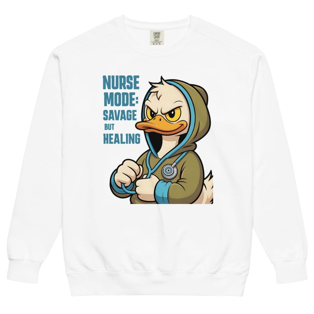 White sweatshirt with a cartoon duck character and text on a white background