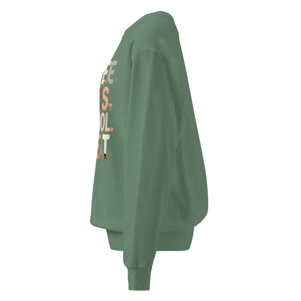 Green sweatshirt with text on the sleeve against a white background