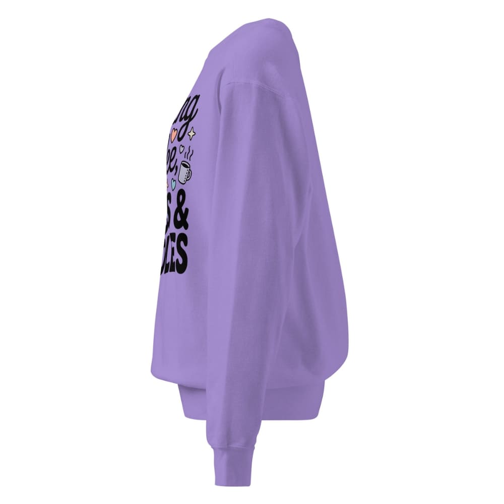 Purple sweatshirt with text and graphics on a white background