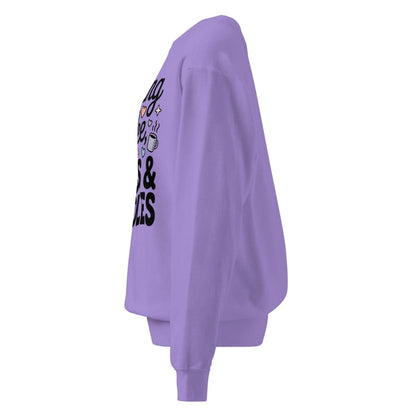 Purple sweatshirt with text and graphics on a white background