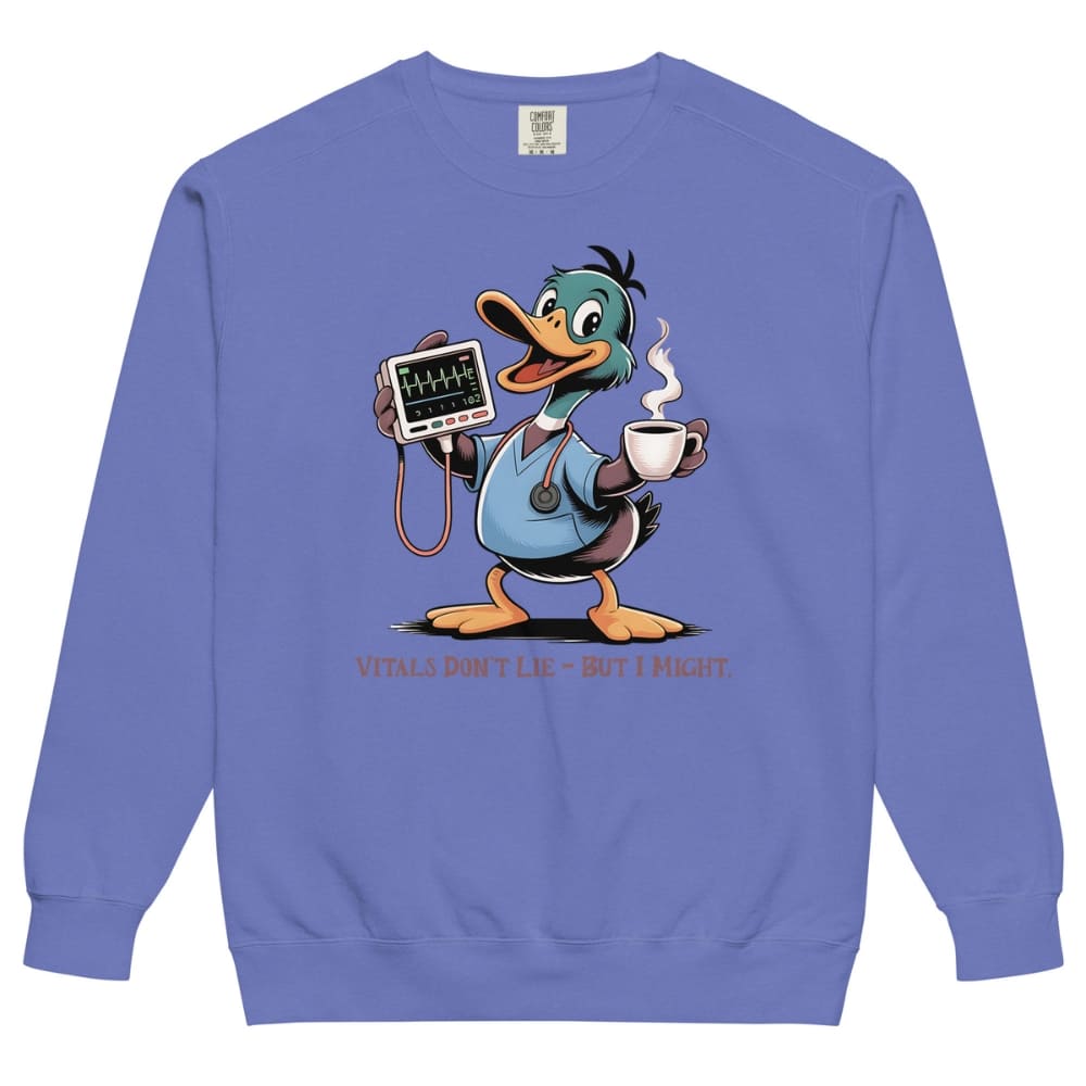 Blue sweatshirt with cartoon duck character holding a stethoscope and coffee cup on a white background