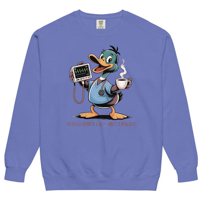 Blue sweatshirt with cartoon duck character holding a stethoscope and coffee cup on a white background