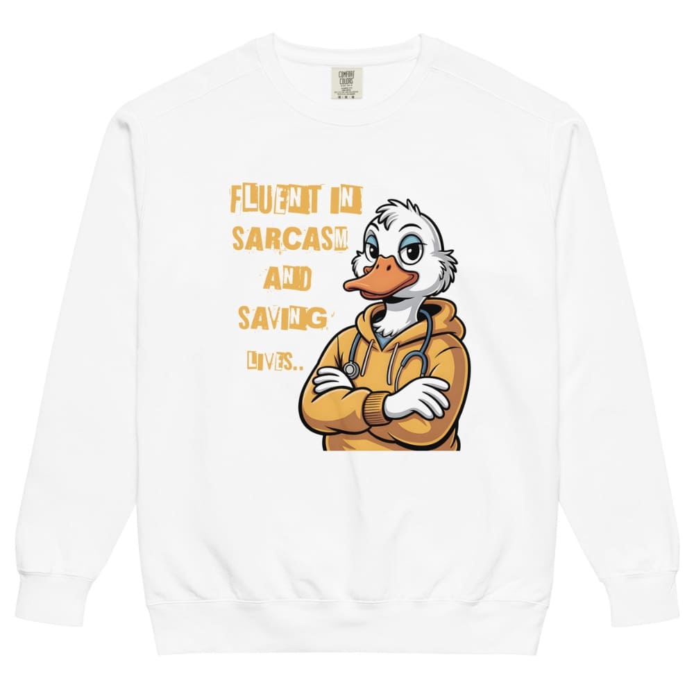 White sweatshirt with cartoon duck character and text on a white background