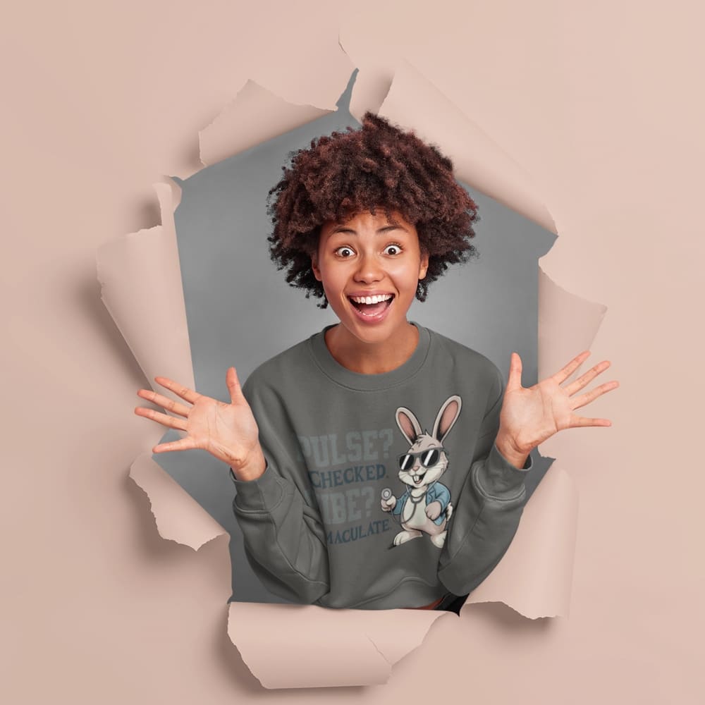 Person wearing a sweatshirt with a cartoon character, standing behind a torn paper background.