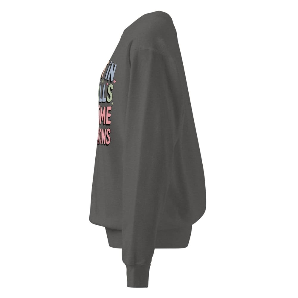 Dark gray sweatshirt with colorful text on the back against a white background
