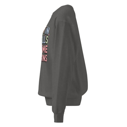 Dark gray sweatshirt with colorful text on the back against a white background