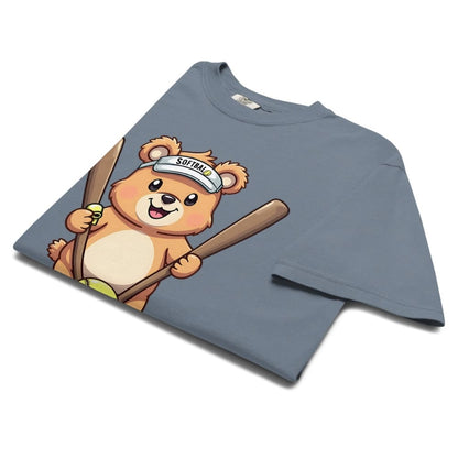Cartoon bear holding softball bats and ball wearing a visor labeled “Softball” – printed on garment-dyed heavyweight t-shirt for sporty moms
