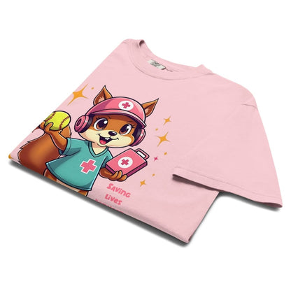 Cute squirrel nurse cartoon in scrubs, pink cap, and headset holding a softball and medical kit with the phrase “Saving Lives Between Innings” — printed on a heavyweight cotton t-shirt