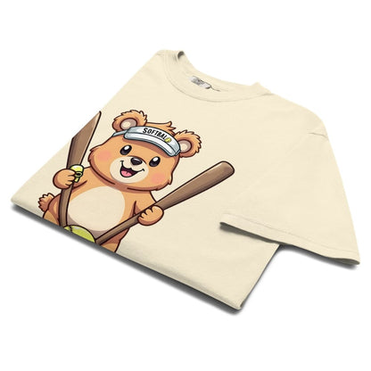 Cartoon bear holding softball bats and ball wearing a visor labeled “Softball” – printed on garment-dyed heavyweight t-shirt for sporty moms