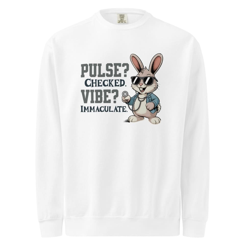 White long-sleeve shirt with a cartoon rabbit and text on a white background