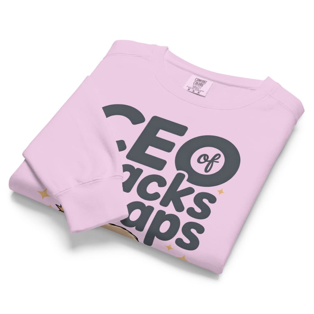 "CEO of Snacks & Naps" printed sweatshirt featuring a sloth in a crown surrounded by pretzels and plushies on vintage-washed cotton fleece