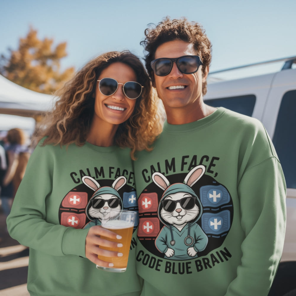 Two people wearing green sweatshirts with a cartoon character and text, standing outdoors.