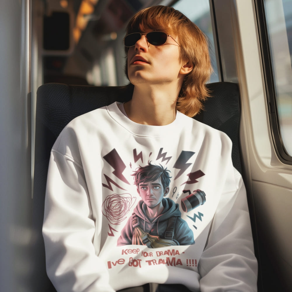 Person wearing a white sweatshirt with a graphic design sitting inside a vehicle.