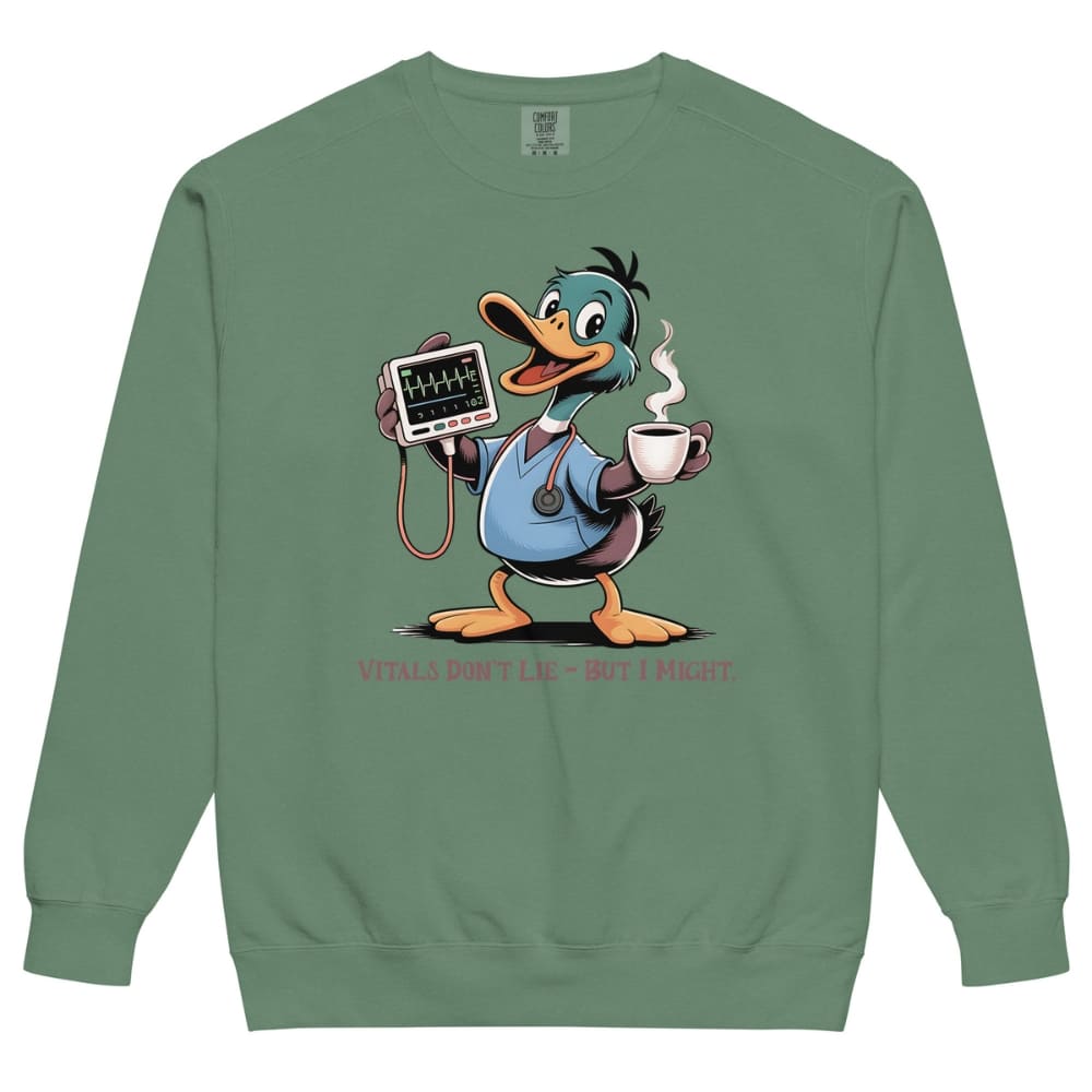 Green sweatshirt with cartoon duck holding a coffee cup and heart monitor on a white background