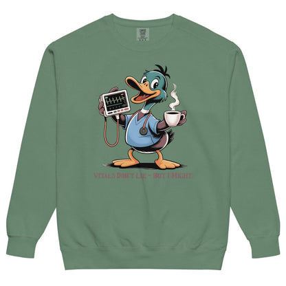 Green sweatshirt with cartoon duck holding a coffee cup and heart monitor on a white background